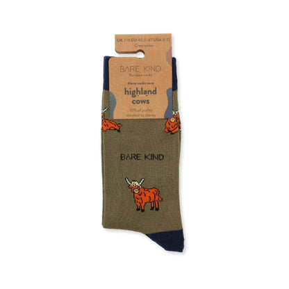 Barekind NZ Save the Green Highland Cow bamboo socks for adults, featuring a playful Highland Cow design on soft, eco-friendly fabric.