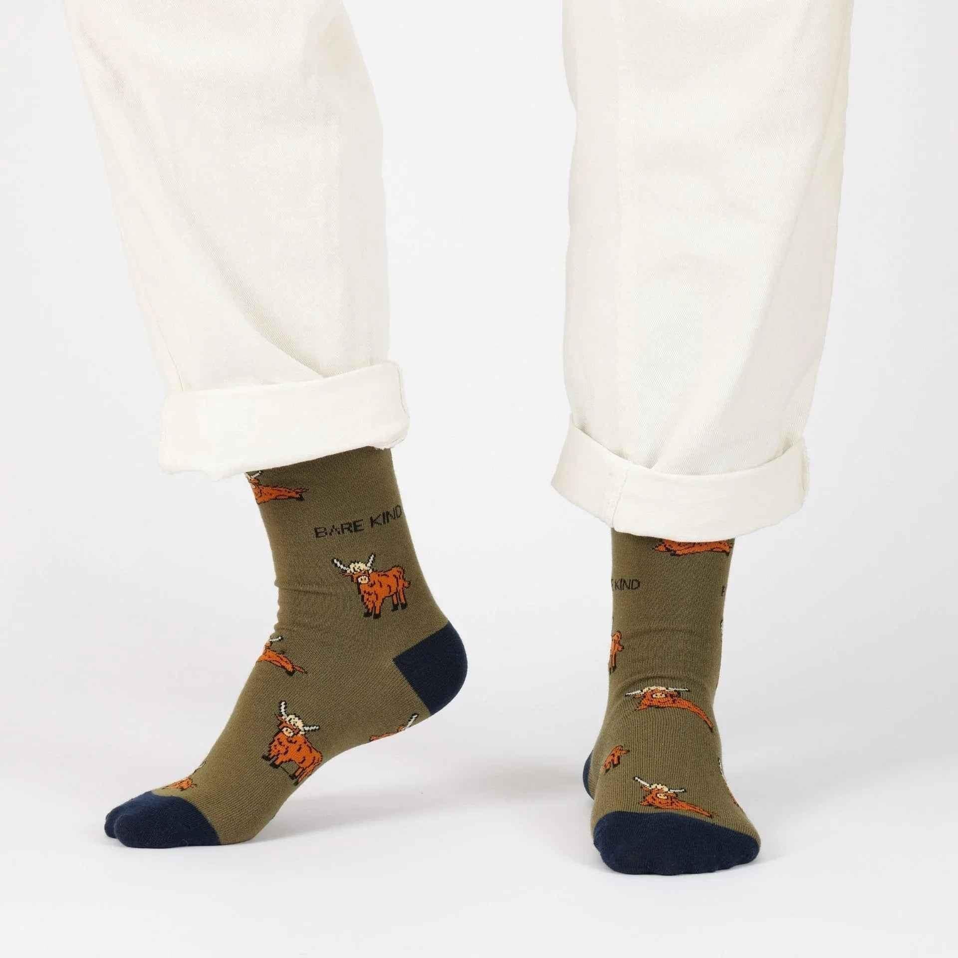 Barekind NZ Save the Green Highland Cow bamboo socks for adults, featuring a green Highland Cow design on soft, eco-friendly fabric.