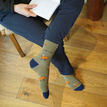 Barekind NZ Save the Green Highland Cow bamboo socks for adults, featuring colorful Highland Cow design and comfortable fabric.