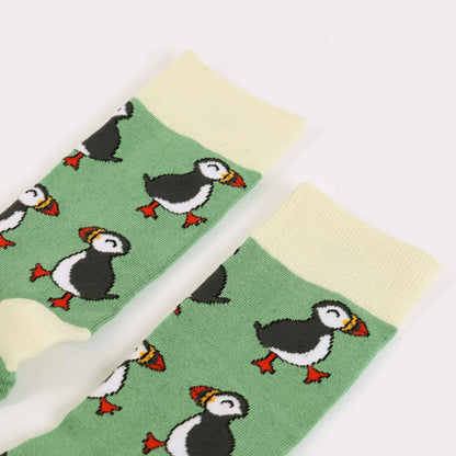 Barekind NZ bamboo socks featuring a green puffin design, adult size 4-7, comfortable and eco-friendly socks.