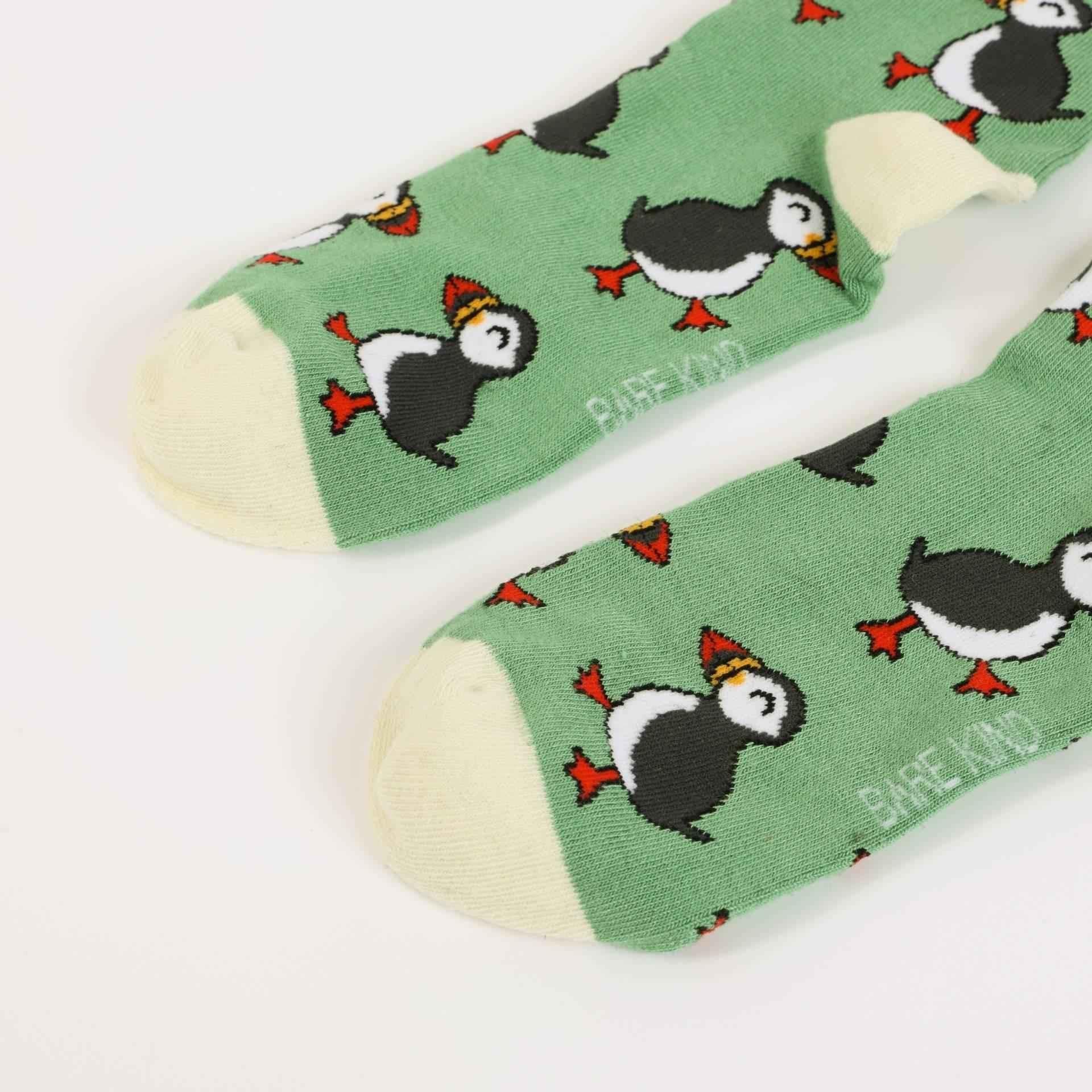 Barekind NZ bamboo socks featuring a green puffin design, adult size 4-7, soft and eco-friendly socks for comfortable wear.