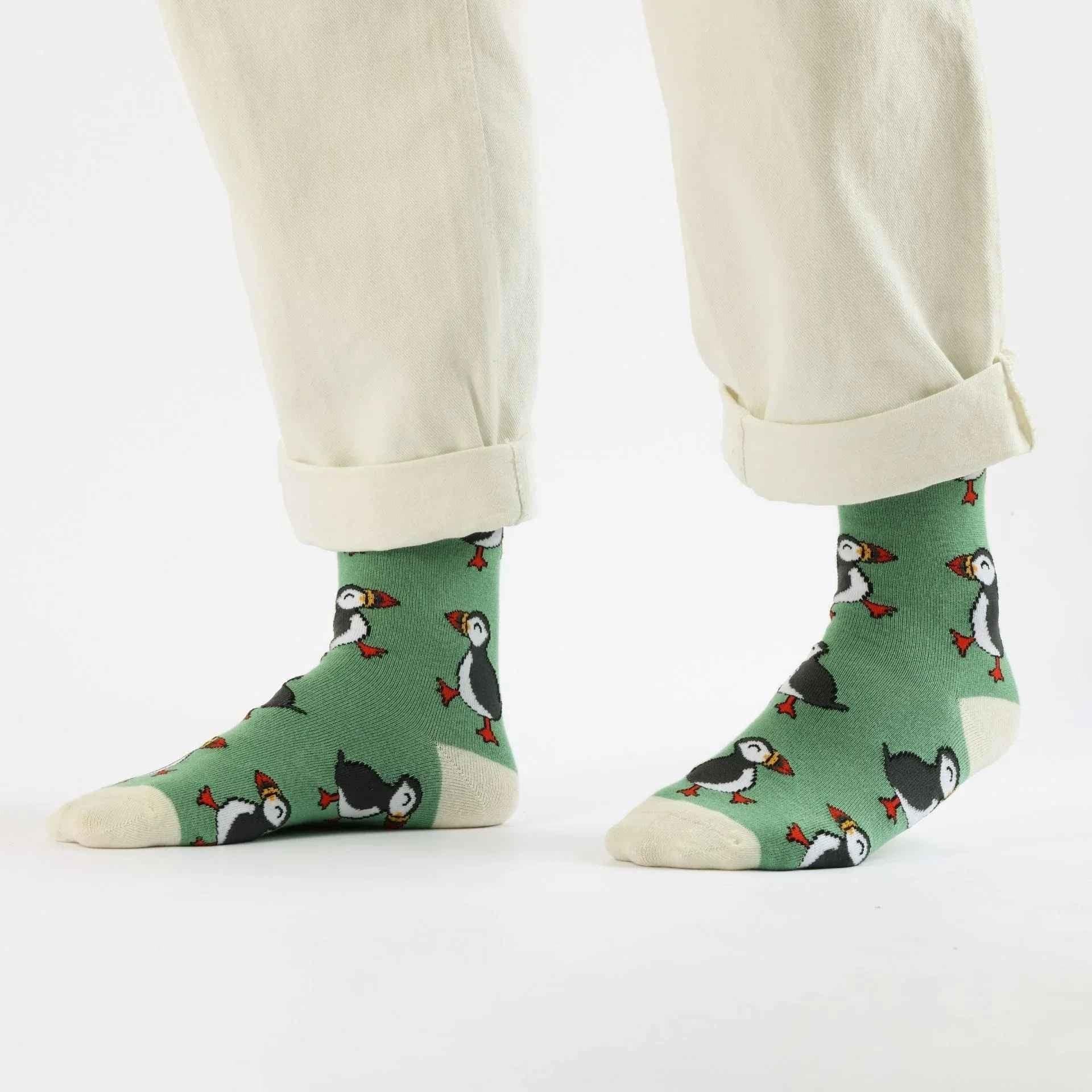 Barekind NZ bamboo socks featuring the Save the Green Puffin design, adult size 4-7, comfortable and eco-friendly footwear.