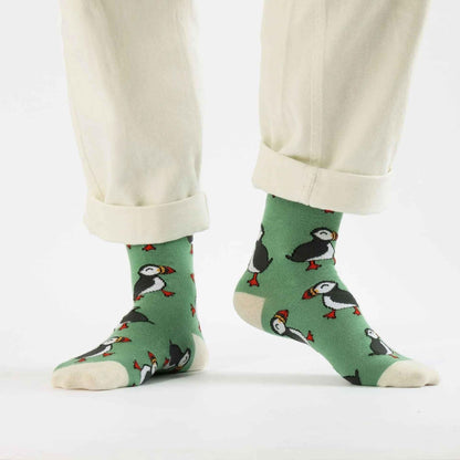 Barekind NZ bamboo socks featuring a green puffin design, adult-sized, comfortable socks made from eco-friendly bamboo fabric.