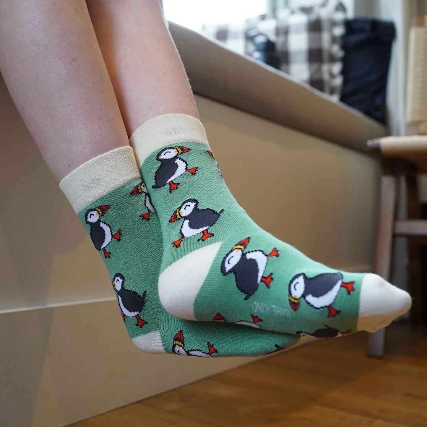 Barekind NZ Save the Green Puffin bamboo socks for adults, featuring eco-friendly, soft, and comfortable sock design.
