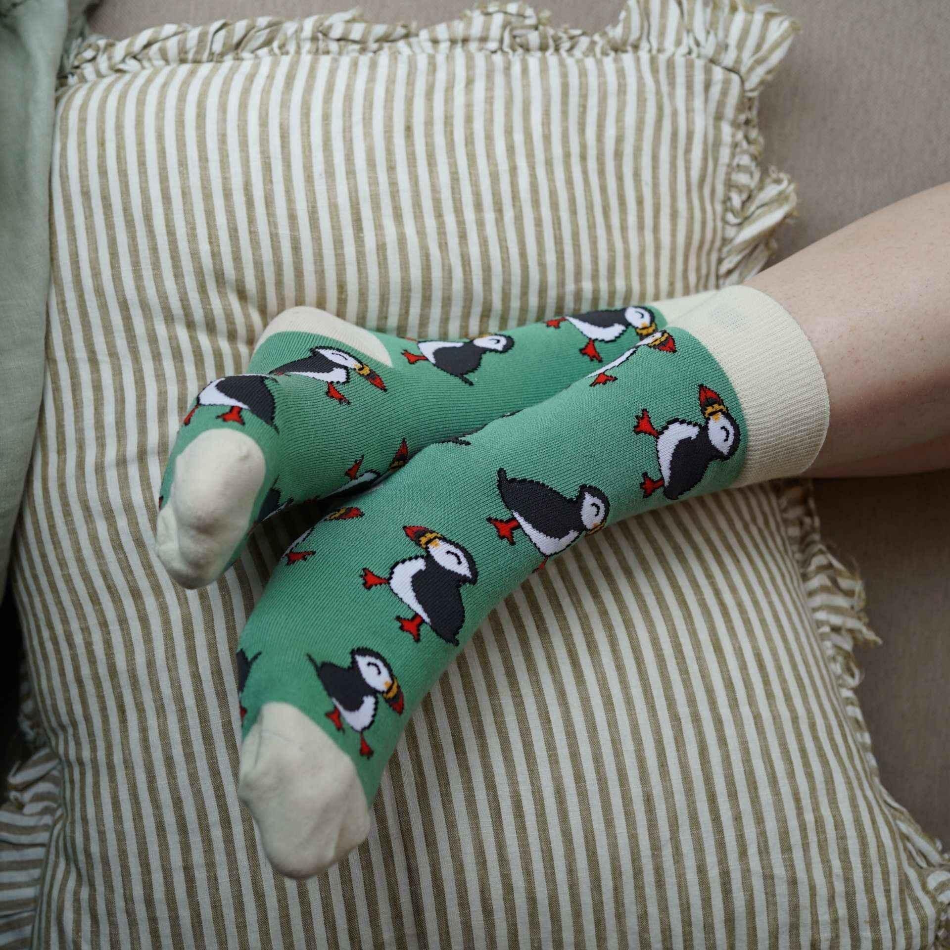 Barekind NZ bamboo socks featuring the Save the Green Puffin design, adult size 4-7, soft and eco-friendly material.