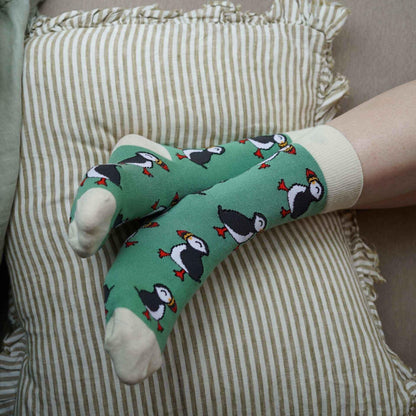 Barekind NZ bamboo socks featuring the Save the Green Puffin design, adult size 4-7, soft and eco-friendly material.