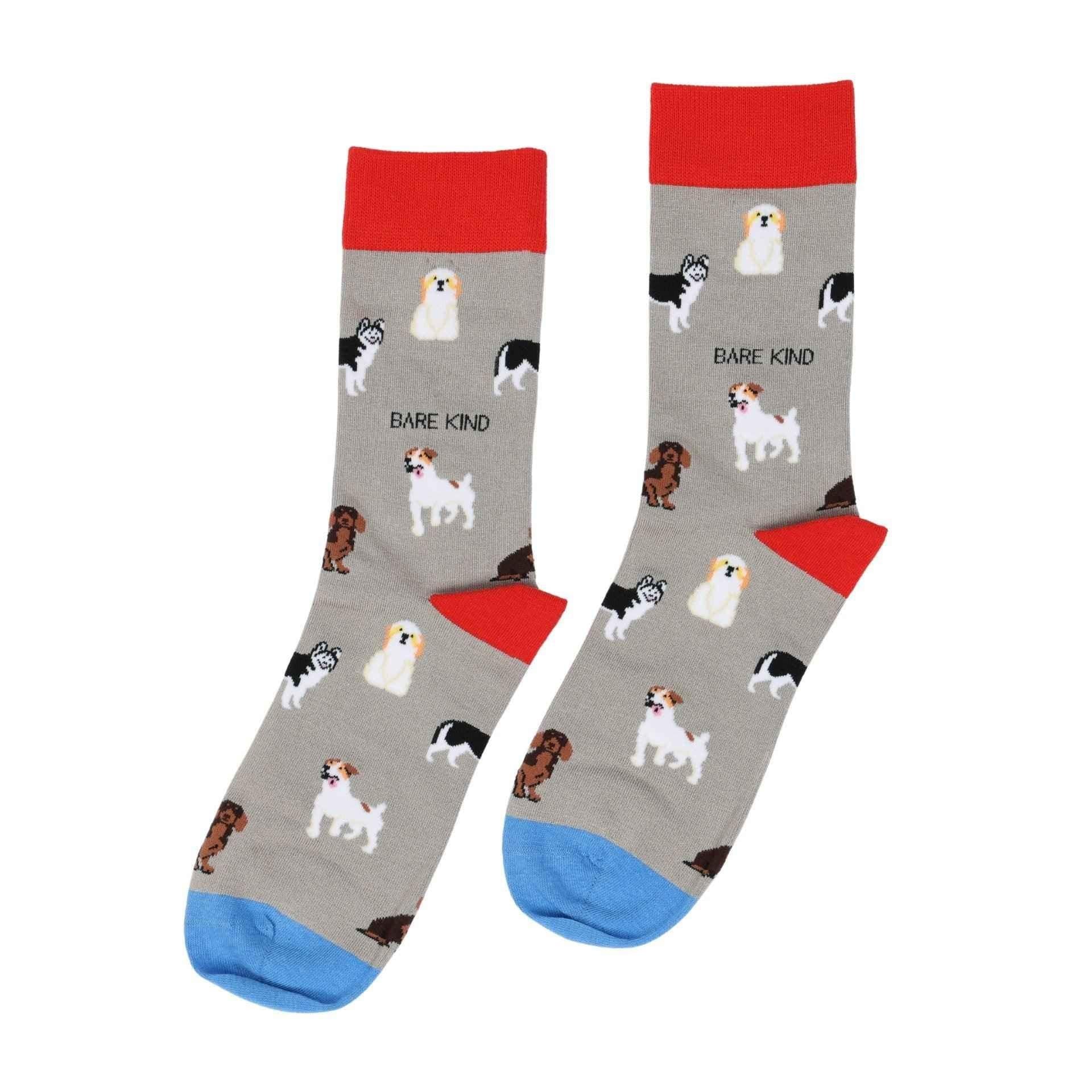 Barekind NZ bamboo socks featuring a grey dog design for adults, made from sustainable bamboo material.