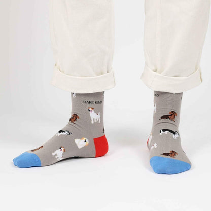 Barekind NZ bamboo socks featuring a grey dog design, designed for adult feet, comfortable and eco-friendly sock style.