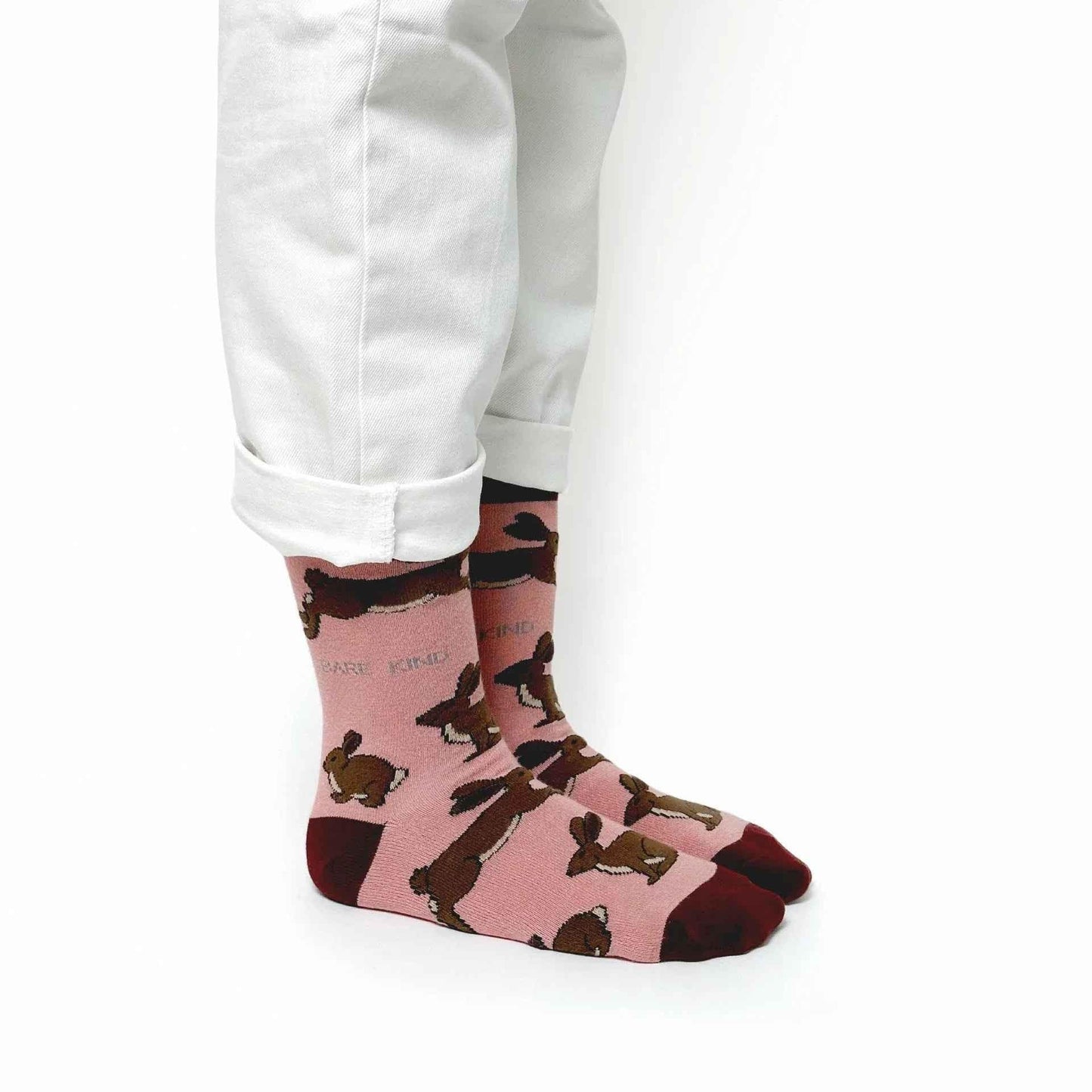 Barekind NZ bamboo socks featuring hare illustrations, designed for adult UK sizes 4-7, made from eco-friendly bamboo material.