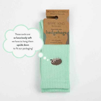 Barekind NZ Save the Hedgehog ribbed bamboo socks for adults, featuring a cozy, textured design in natural tones.