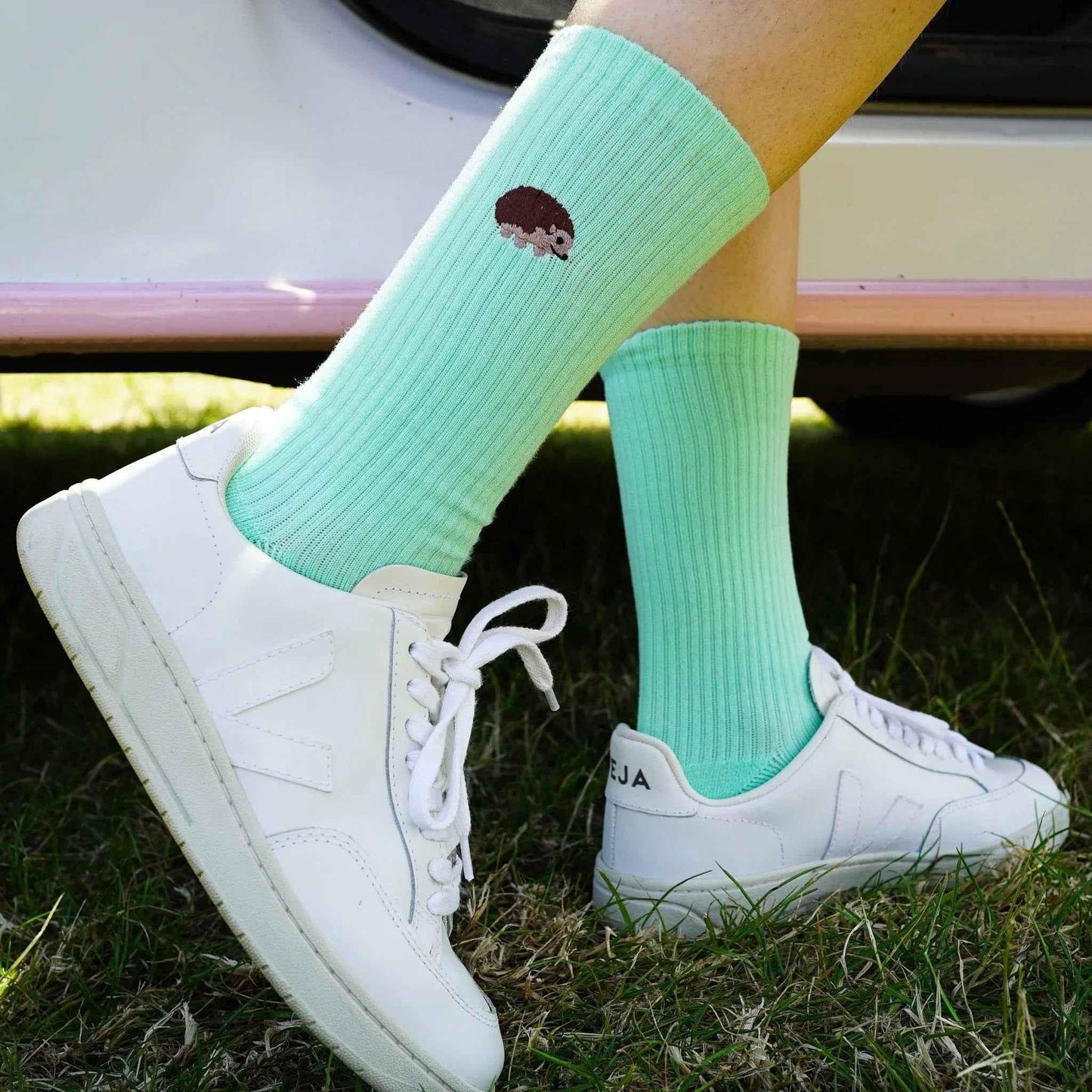 Barekind NZ Save the Hedgehog ribbed bamboo socks for adults, featuring a cozy, eco-friendly design with a hedgehog print.