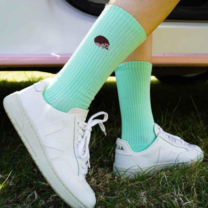 Barekind NZ Save the Hedgehog ribbed bamboo socks for adults, featuring a cozy, eco-friendly design with a hedgehog print.