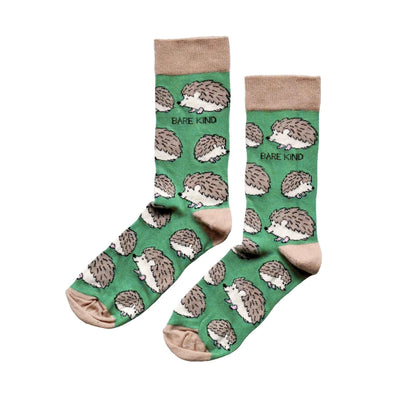 Barekind NZ bamboo socks featuring a Save the Hedgehogs design, suitable for adults with shoe sizes 4-7.