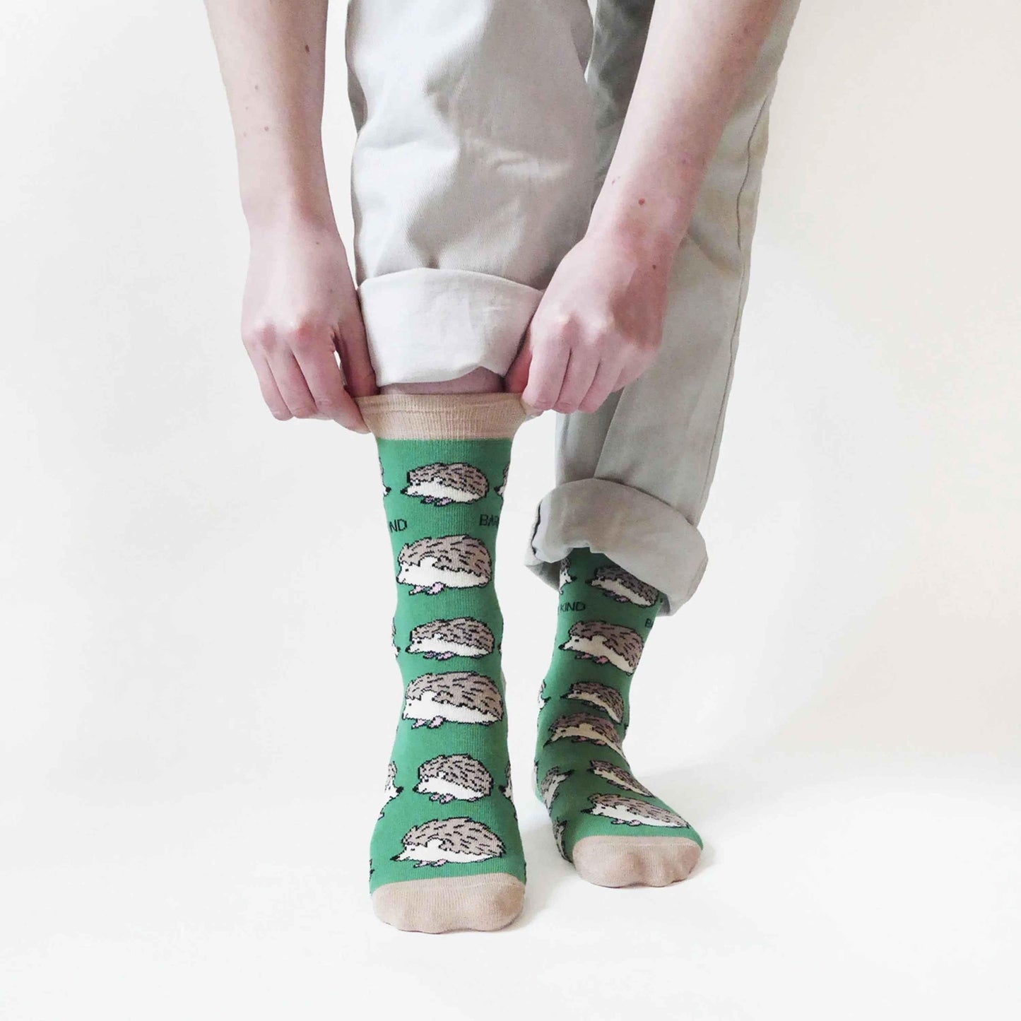 Barekind NZ bamboo socks featuring a hedgehog design, suitable for adults with shoe sizes 4-7, eco-friendly and comfortable.