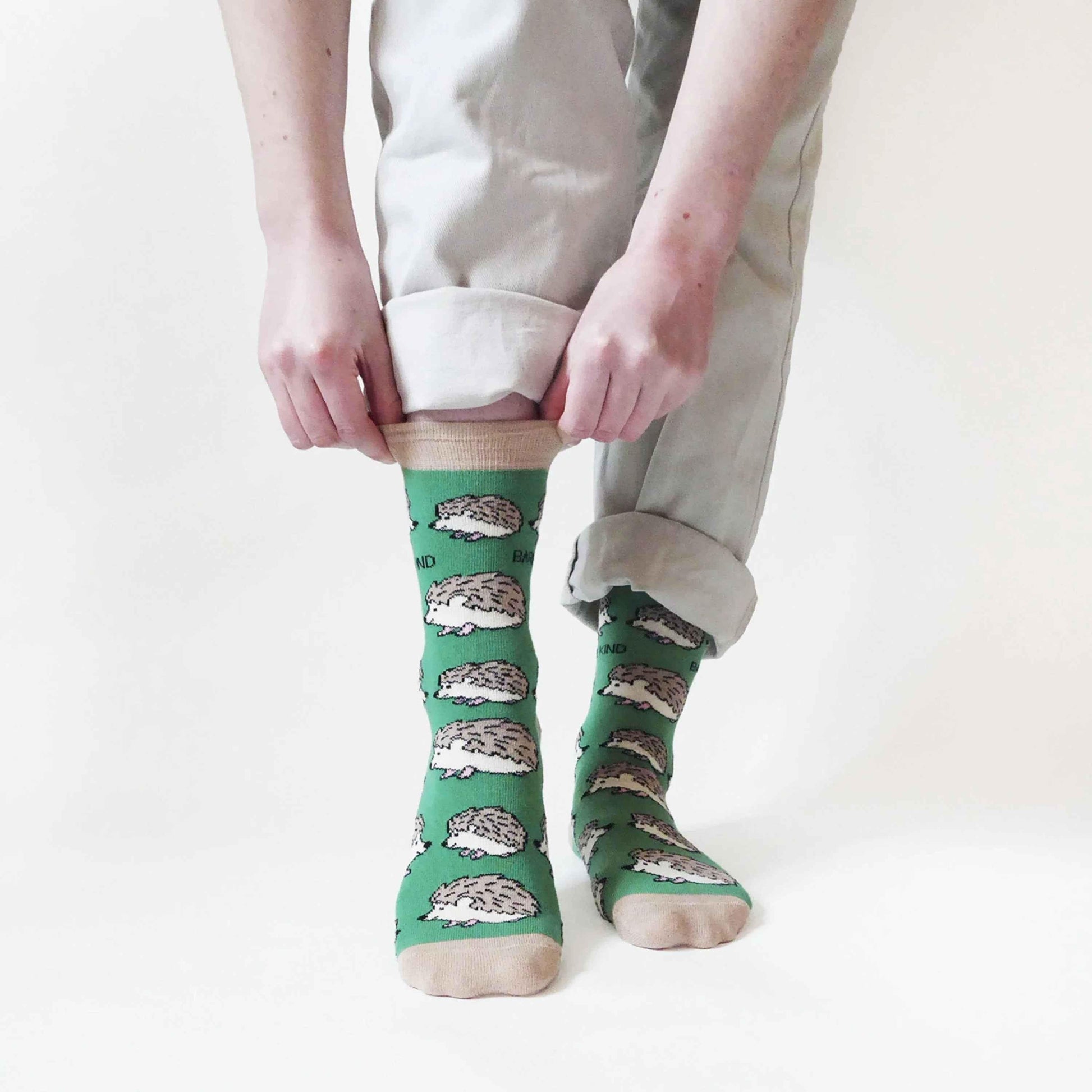 Barekind NZ bamboo socks featuring a hedgehog design, suitable for adults with shoe sizes 4-7, eco-friendly and comfortable.
