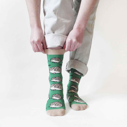 Barekind NZ bamboo socks featuring a hedgehog design, suitable for adults with shoe sizes 4-7, eco-friendly and comfortable.