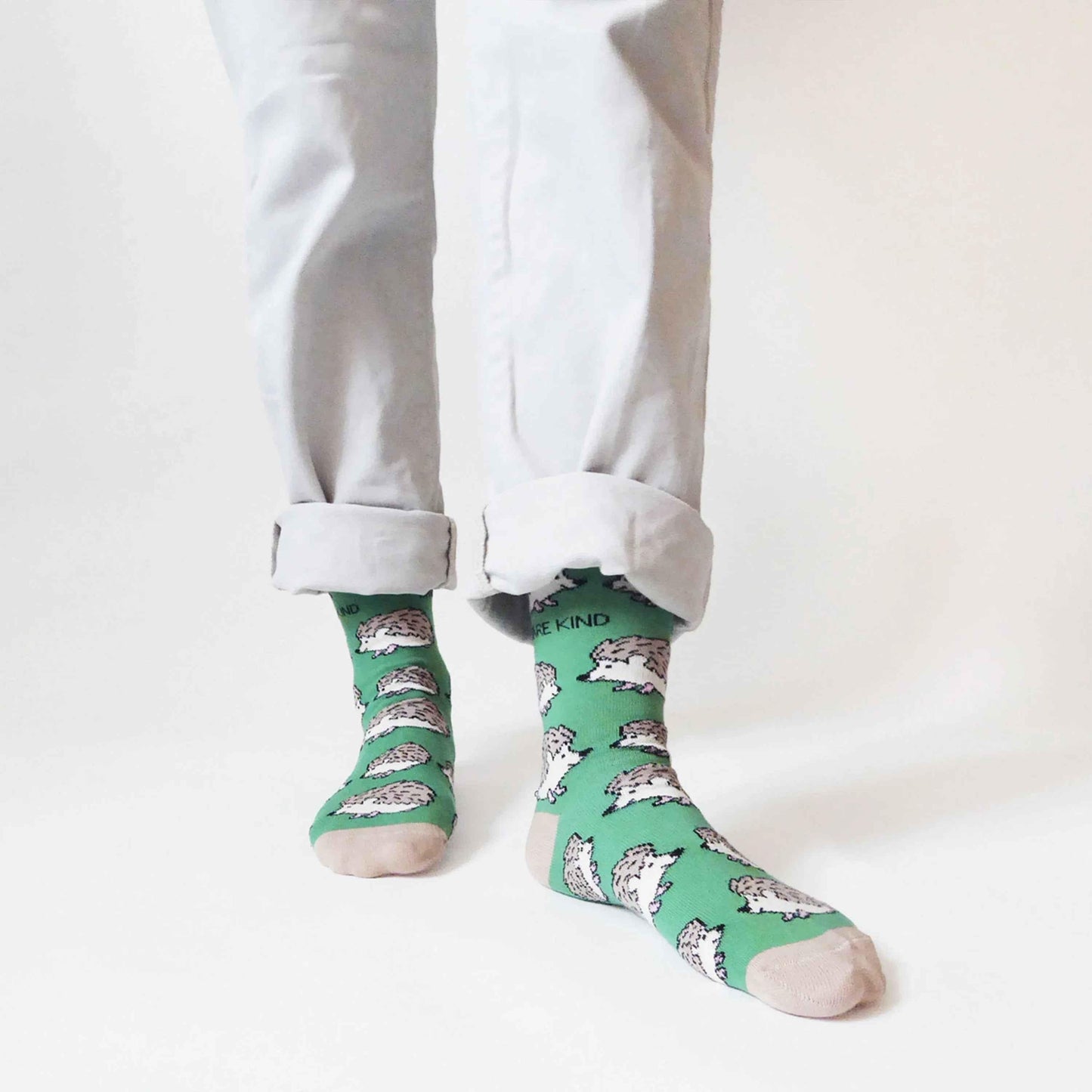 Barekind NZ bamboo socks featuring a hedgehog design, made for adults, size 4-7, soft and eco-friendly.