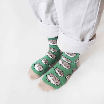 Barekind NZ bamboo socks featuring a hedgehog design, adult size 4-7, eco-friendly and comfortable for everyday wear.