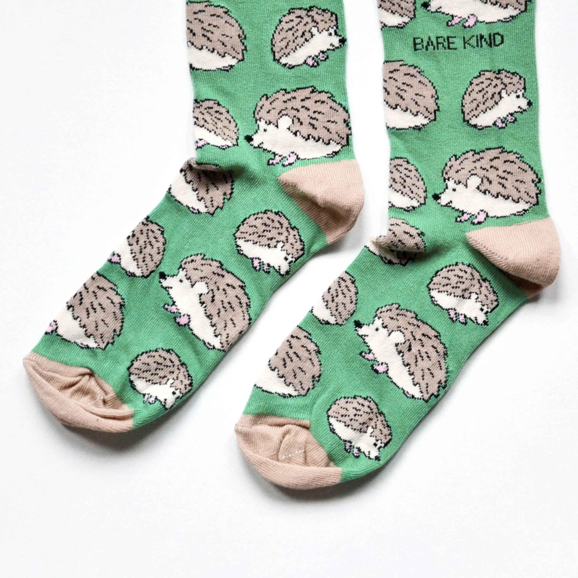 Barekind NZ Save the Hedgehogs bamboo socks for adults, featuring hedgehog and nature-inspired design.