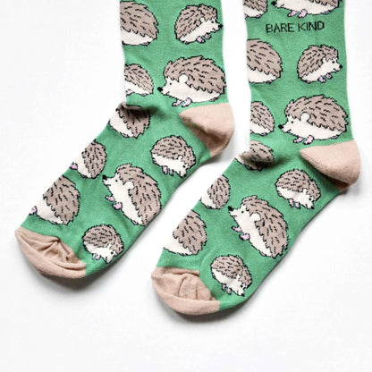 Barekind NZ Save the Hedgehogs bamboo socks for adults, featuring hedgehog and nature-inspired design.
