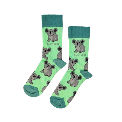 Barekind NZ bamboo socks featuring a colorful Save the Koalas design, made for adult sizes 4-7.