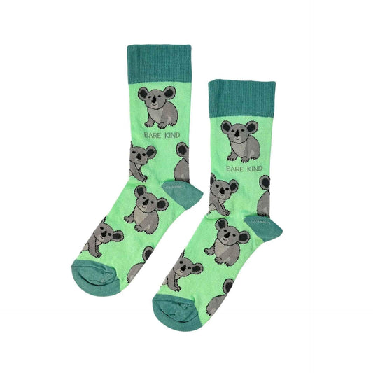 Barekind NZ bamboo socks featuring a colorful Save the Koalas design, made for adult sizes 4-7.
