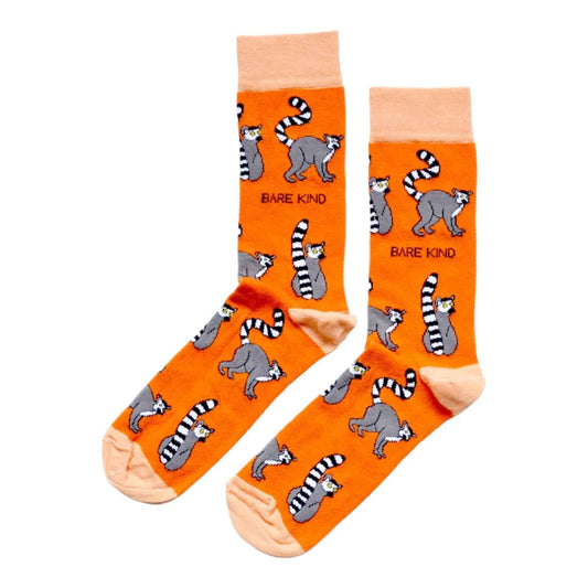 Barekind NZ bamboo socks featuring lemur illustrations, designed for adults size 4-7, made from eco-friendly bamboo material.
