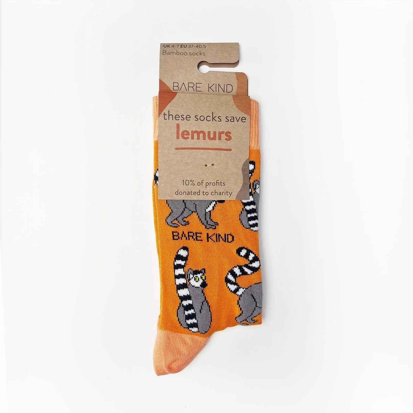 Barekind NZ bamboo socks featuring lemur illustrations, designed for adults size 4-7, emphasizing eco-friendly materials.