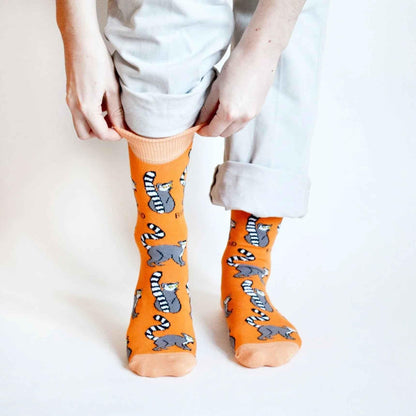 Barekind NZ bamboo socks for adults featuring lemur illustrations, made from sustainable bamboo material.