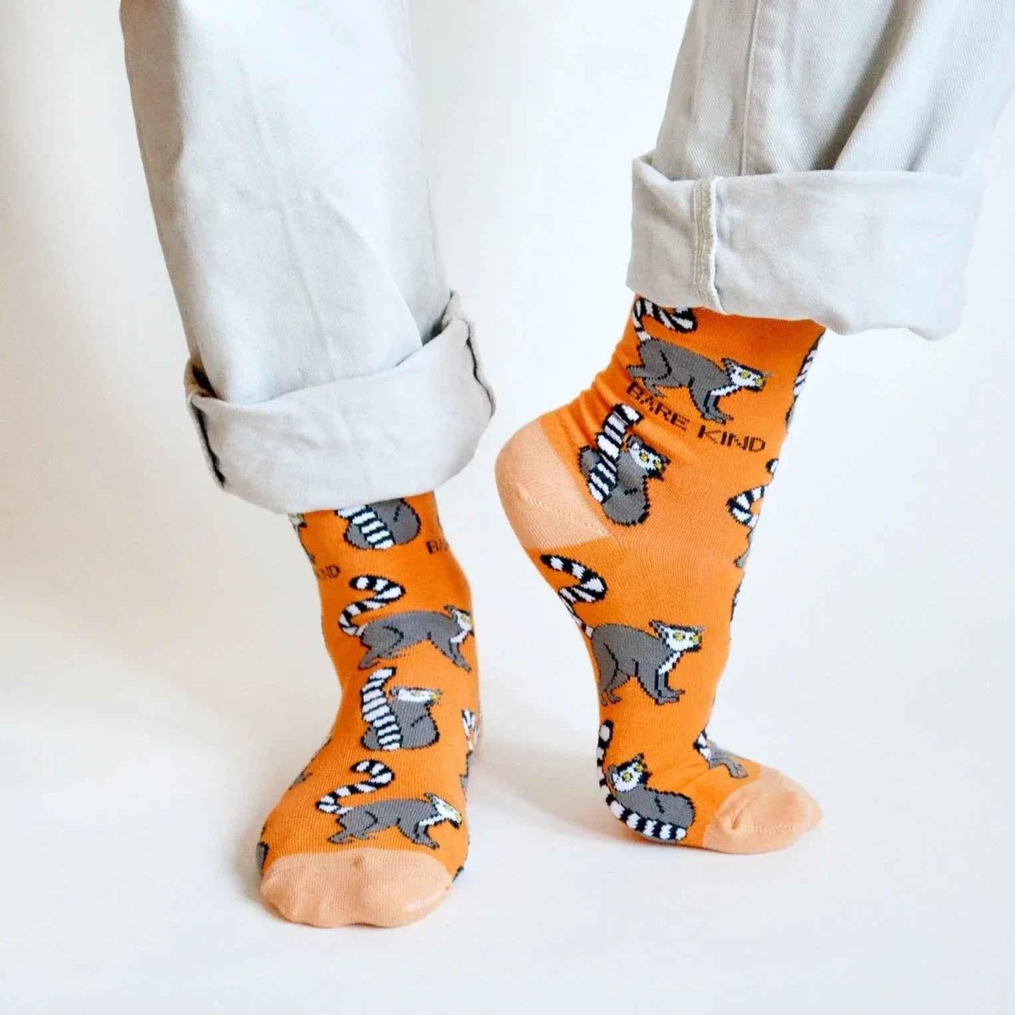 Barekind NZ bamboo socks featuring Save the Lemurs design, adult size 4-7, with eco-friendly plant-based fabric and colorful lemur illustrations.