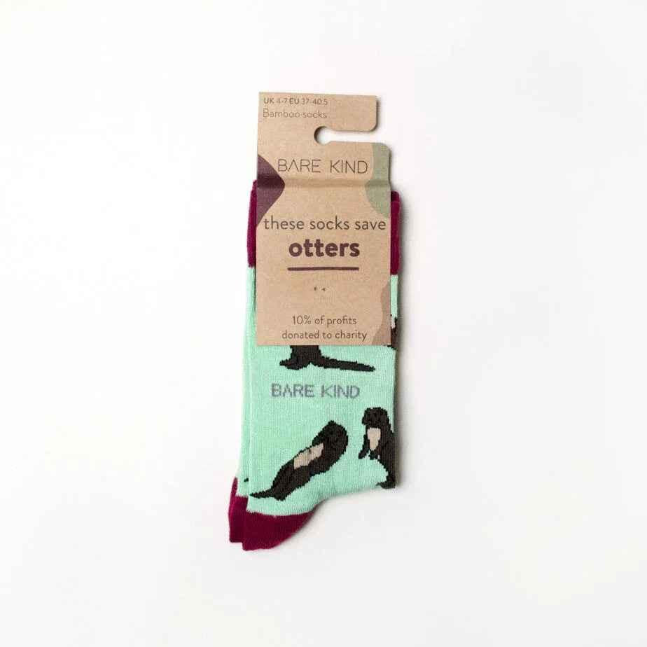 Barekind NZ bamboo socks featuring otter illustrations, designed for adults size 4-7, made from sustainable bamboo material.