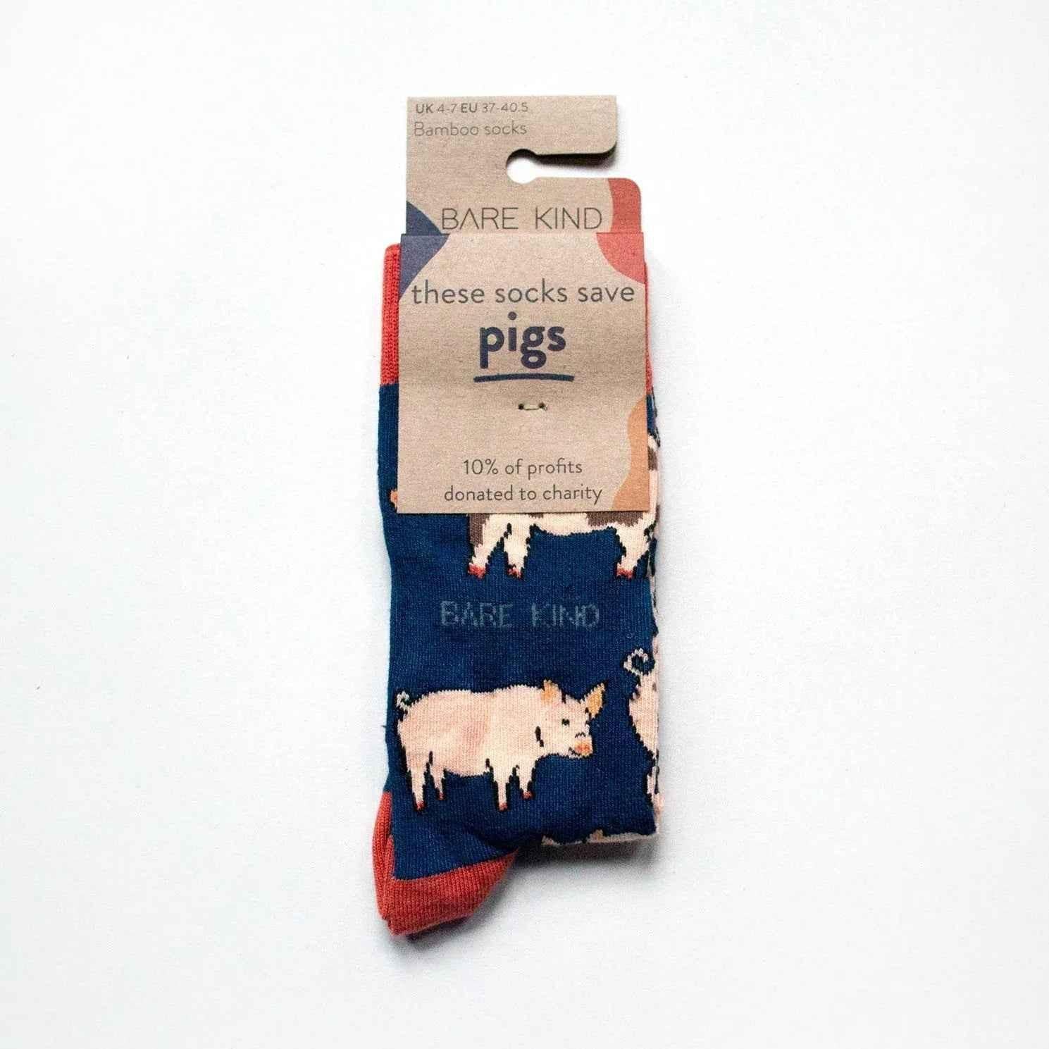 Barekind NZ Save the Pigs bamboo socks for adults, featuring pig illustrations and eco-friendly bamboo material.