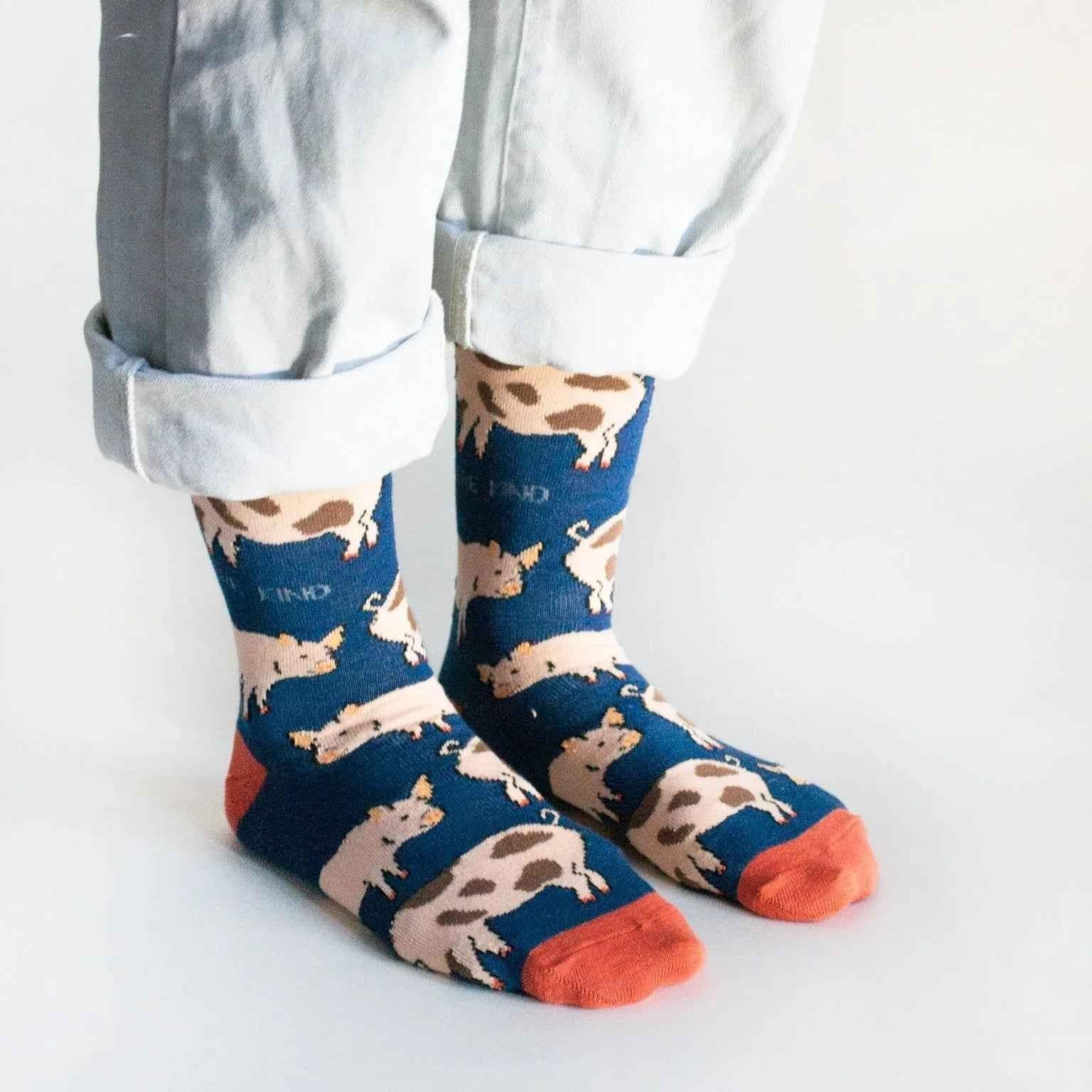 Barekind NZ bamboo socks featuring pig designs, adult size 4-7, eco-friendly and comfortable for everyday wear.