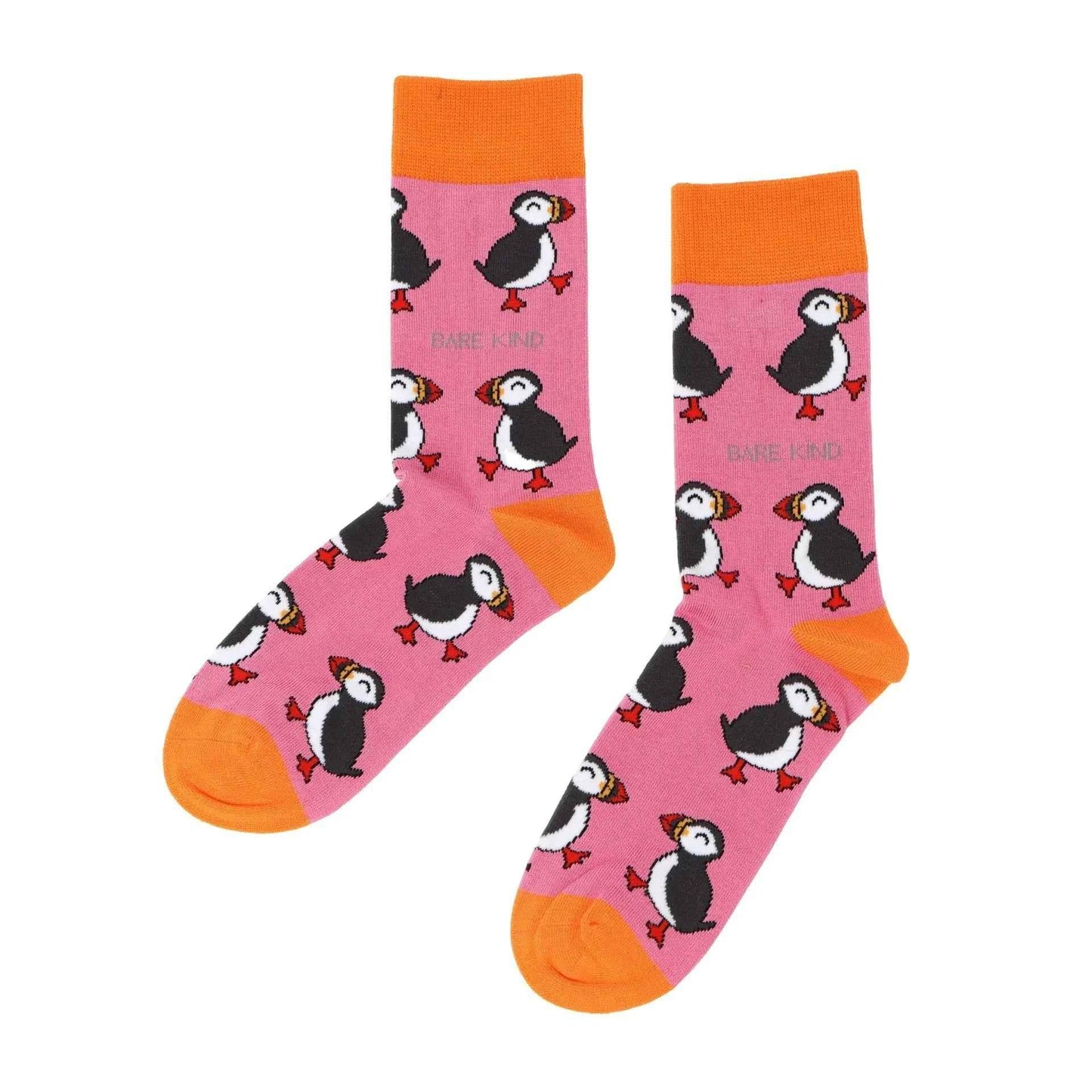 Barekind NZ Save the Pink Puffin bamboo socks for adults, soft and eco-friendly cotton socks with pink puffin design.