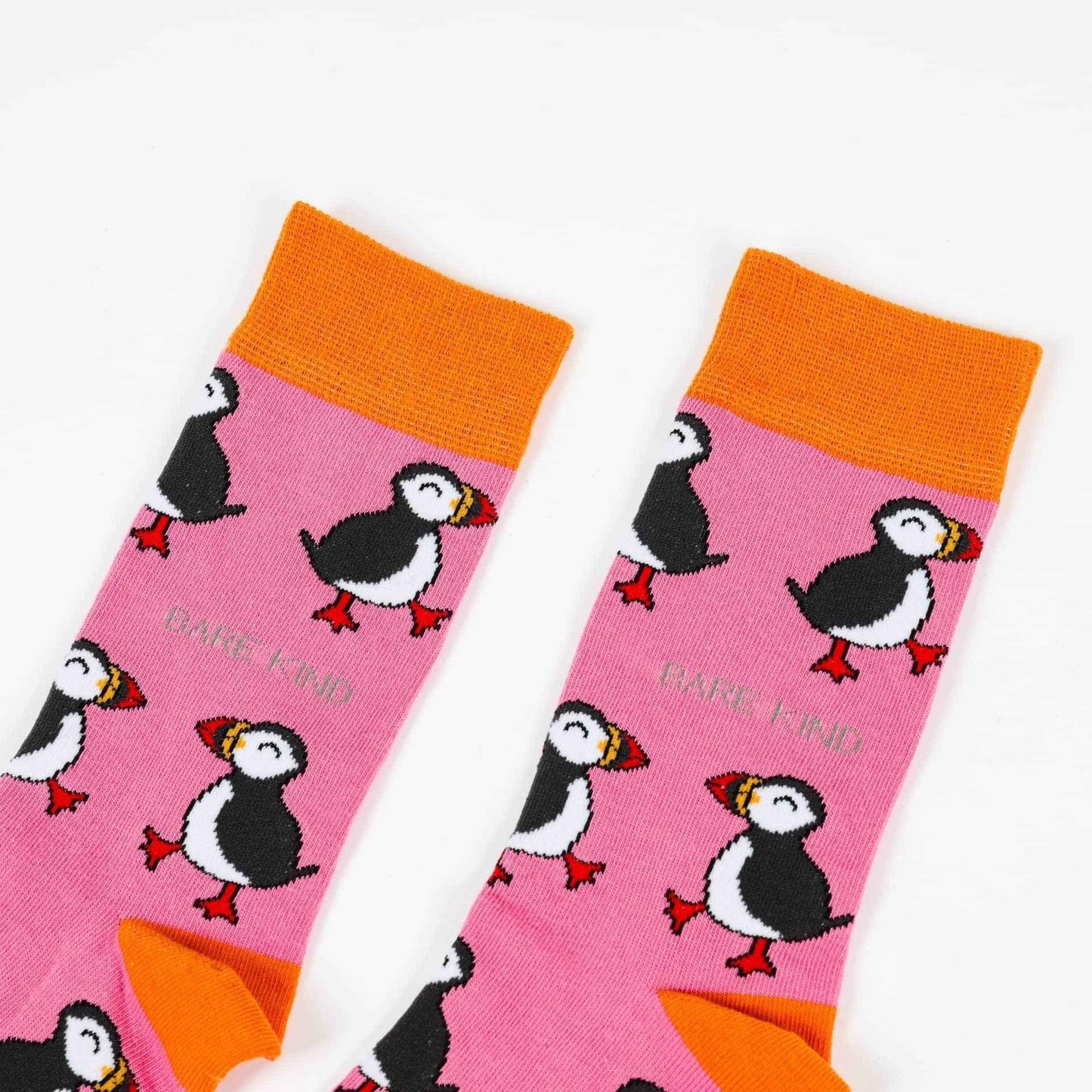 Barekind NZ Save the Pink Puffin bamboo socks for adults, soft and eco-friendly socks with pink puffin design.