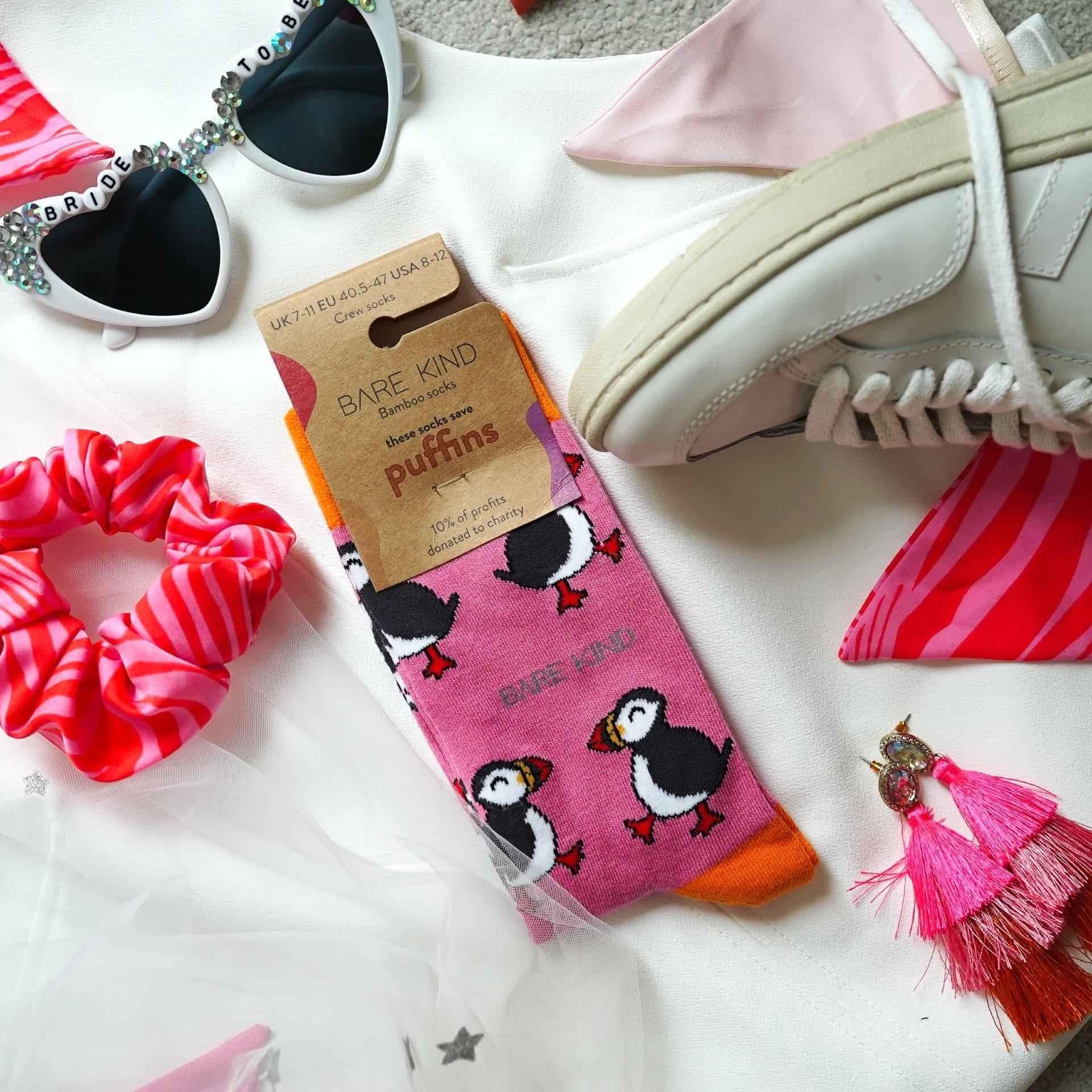 Barekind NZ Save the Pink Puffin bamboo socks for adults, featuring colorful pink puffin design and comfortable bamboo fabric.