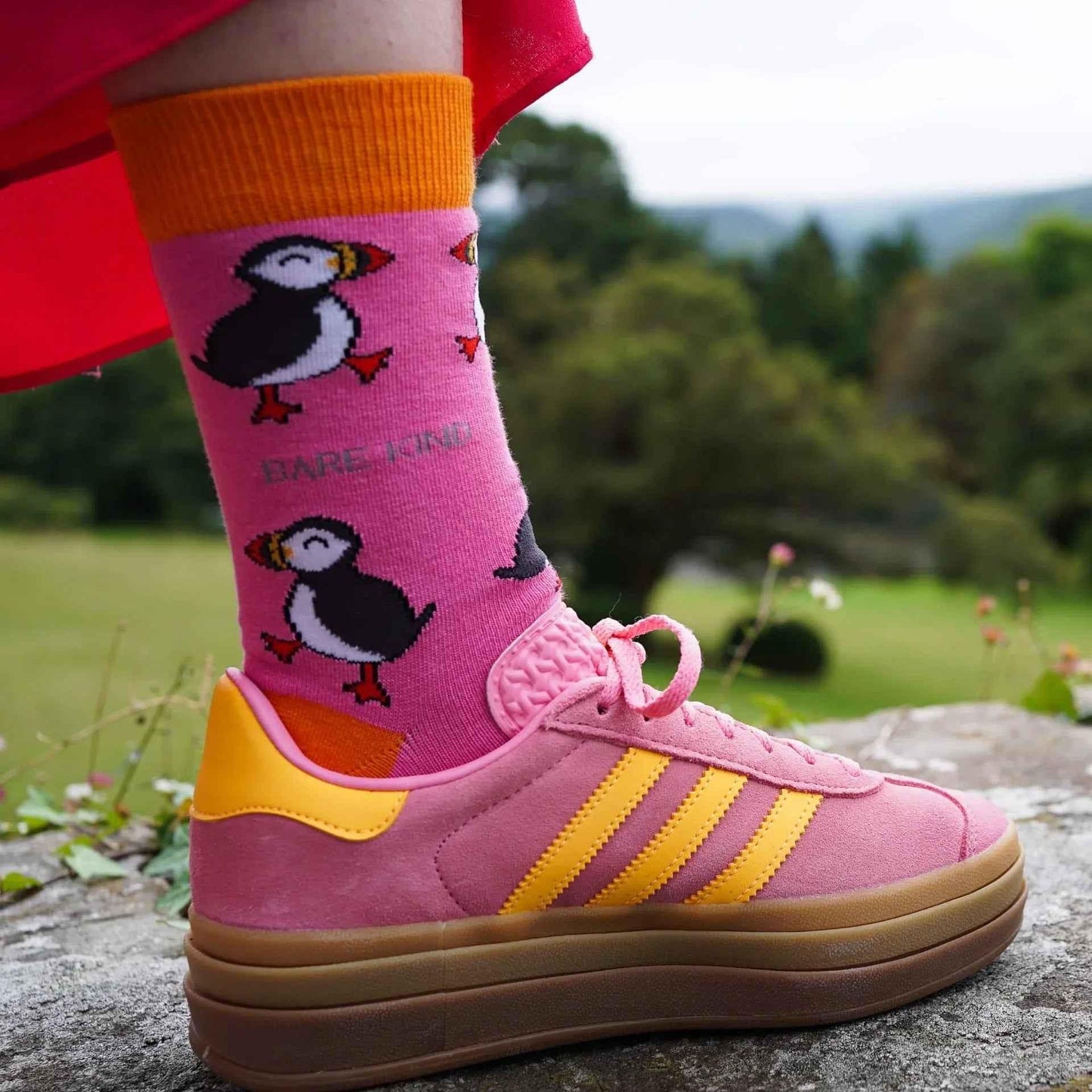 Barekind NZ Save the Pink Puffin bamboo socks for adults, featuring a colorful pink puffin design on soft, eco-friendly bamboo fabric.