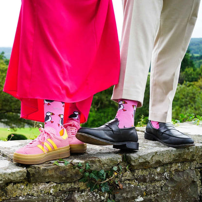 Barekind NZ Save the Pink Puffin bamboo socks for adults, comfortable socks featuring a pink puffin design, made from sustainable bamboo.