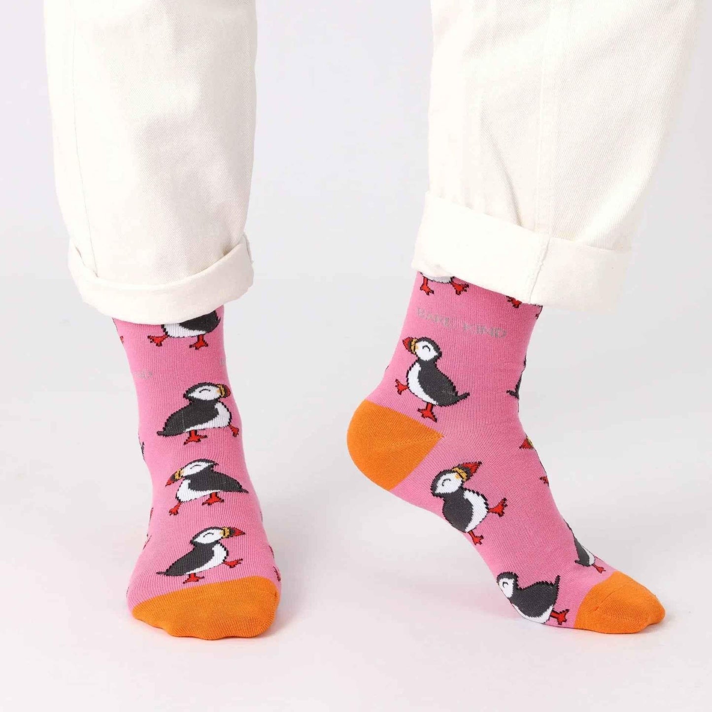 Barekind NZ Save the Pink Puffin bamboo socks for adults, featuring colorful pink puffin design on comfortable socks.