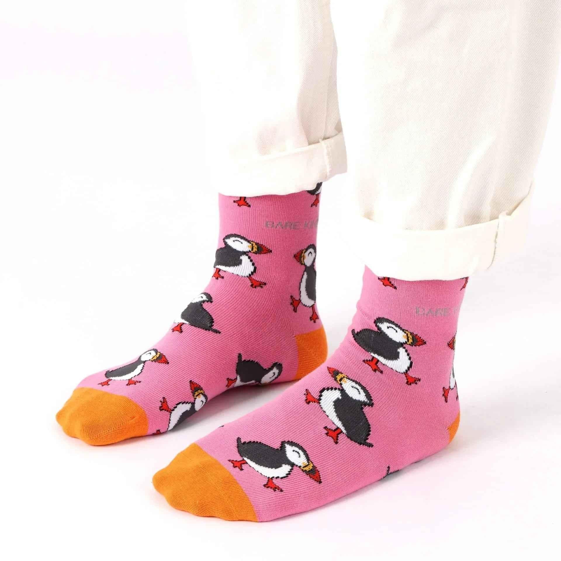 Barekind NZ bamboo socks featuring pink puffin design, adult size 4-7, comfortable and eco-friendly sock for casual wear.