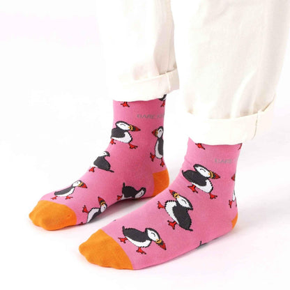 Barekind NZ bamboo socks featuring pink puffin design, adult size 4-7, comfortable and eco-friendly sock for casual wear.