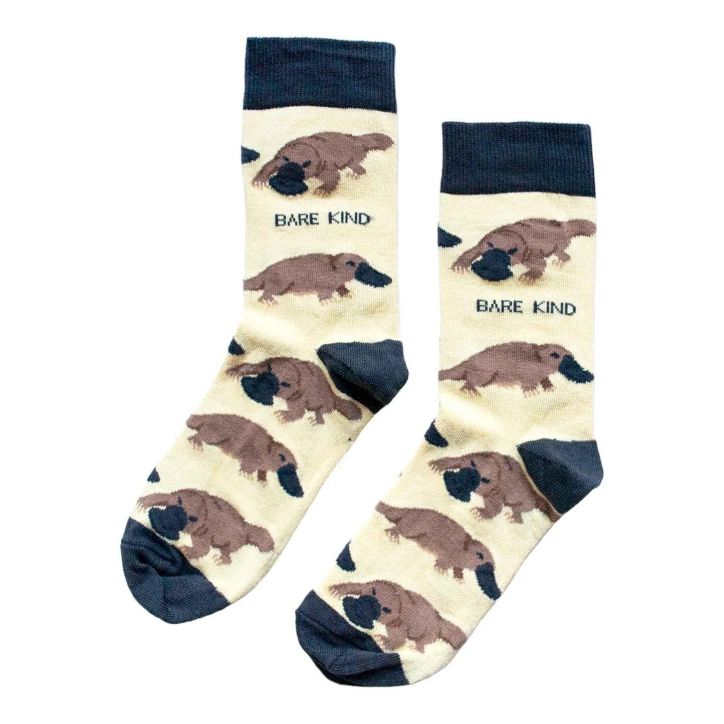 Barekind NZ bamboo socks featuring a colorful platypus design, comfortable adult socks made from eco-friendly bamboo material.
