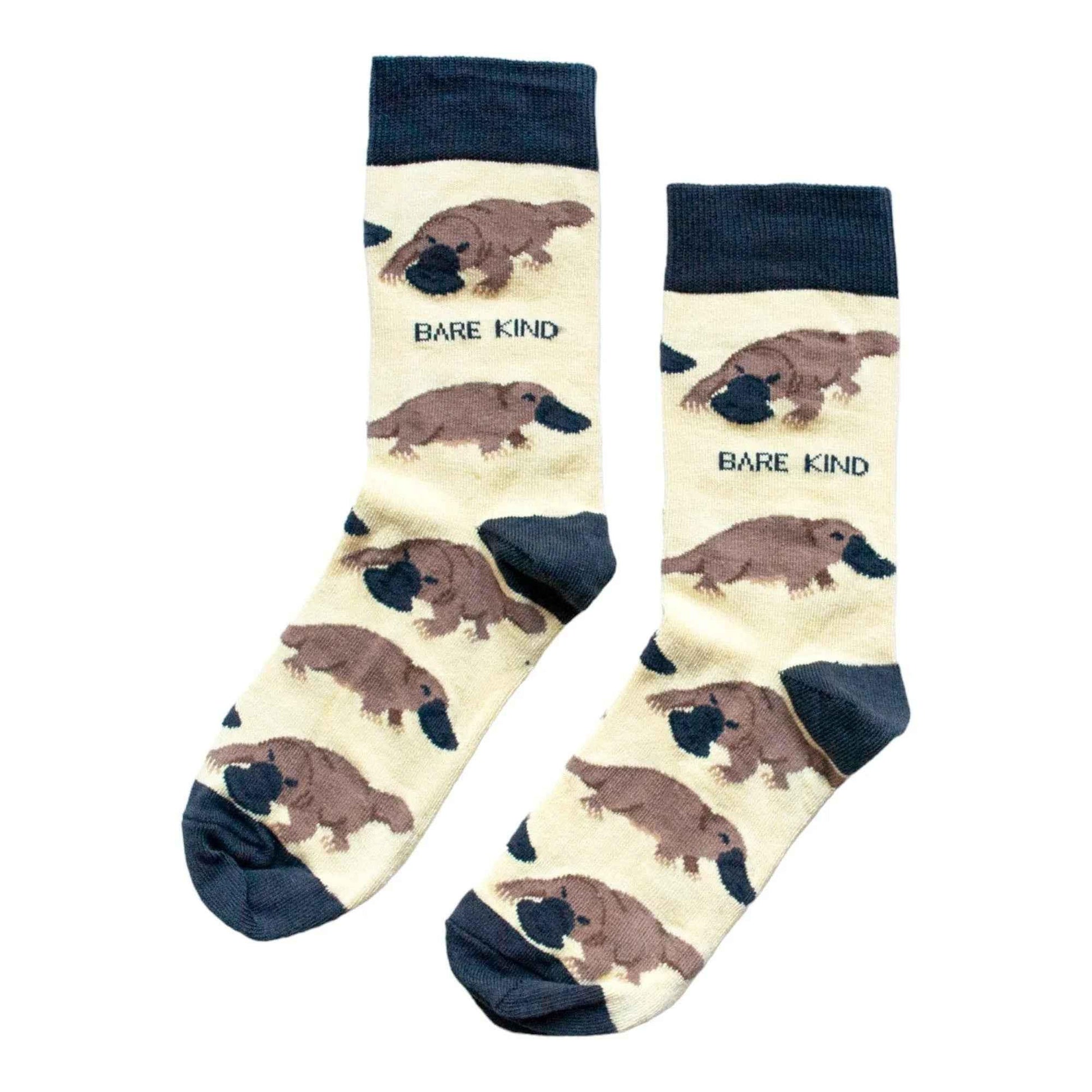 Barekind NZ bamboo socks featuring a colorful platypus design, comfortable adult socks made from eco-friendly bamboo material.