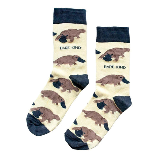 Barekind NZ bamboo socks featuring a colorful platypus design, comfortable adult socks made from eco-friendly bamboo material.