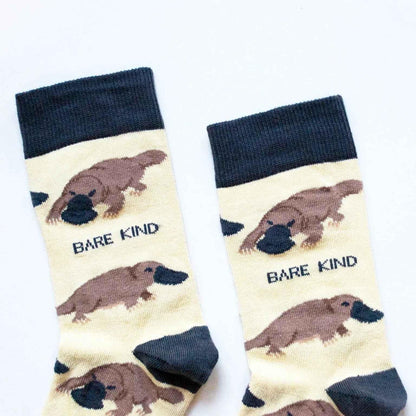 Barekind NZ bamboo socks featuring a Save the Platypus design, suitable for adults size 4-7, made from sustainable bamboo material.