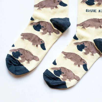 Barekind NZ bamboo socks featuring a playful platypus design, suitable for adults sizes 4-7.