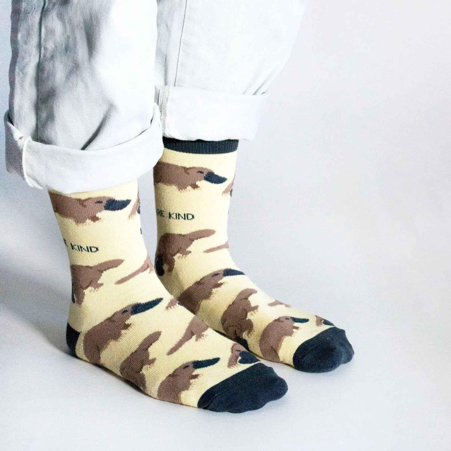 Barekind NZ bamboo socks featuring colorful platypus design, adult size 4-7, made from eco-friendly bamboo material.