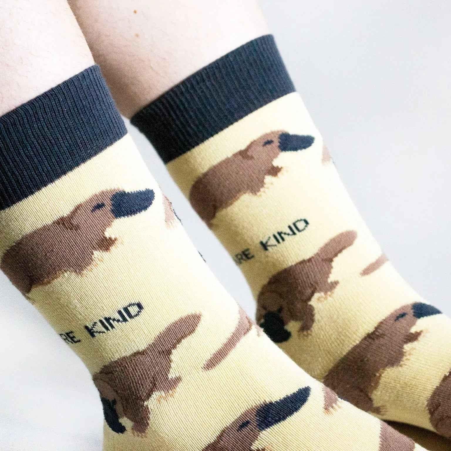 Barekind NZ bamboo socks featuring a playful platypus design, designed for adults size 4-7, made from eco-friendly bamboo material.