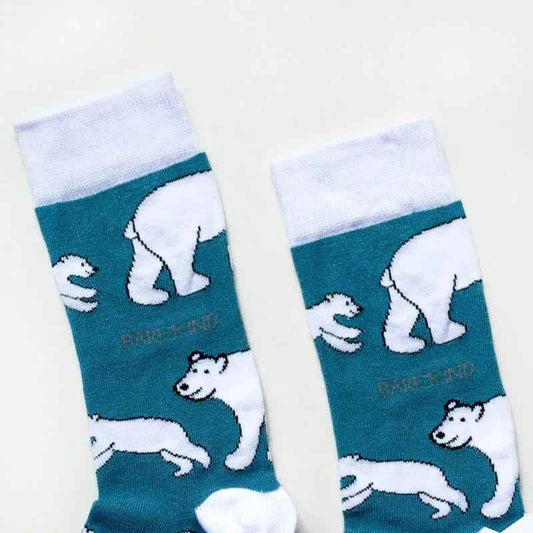 Barekind NZ bamboo socks featuring polar bear design, adult size 4-7, environmentally friendly and soft for comfortable wear.