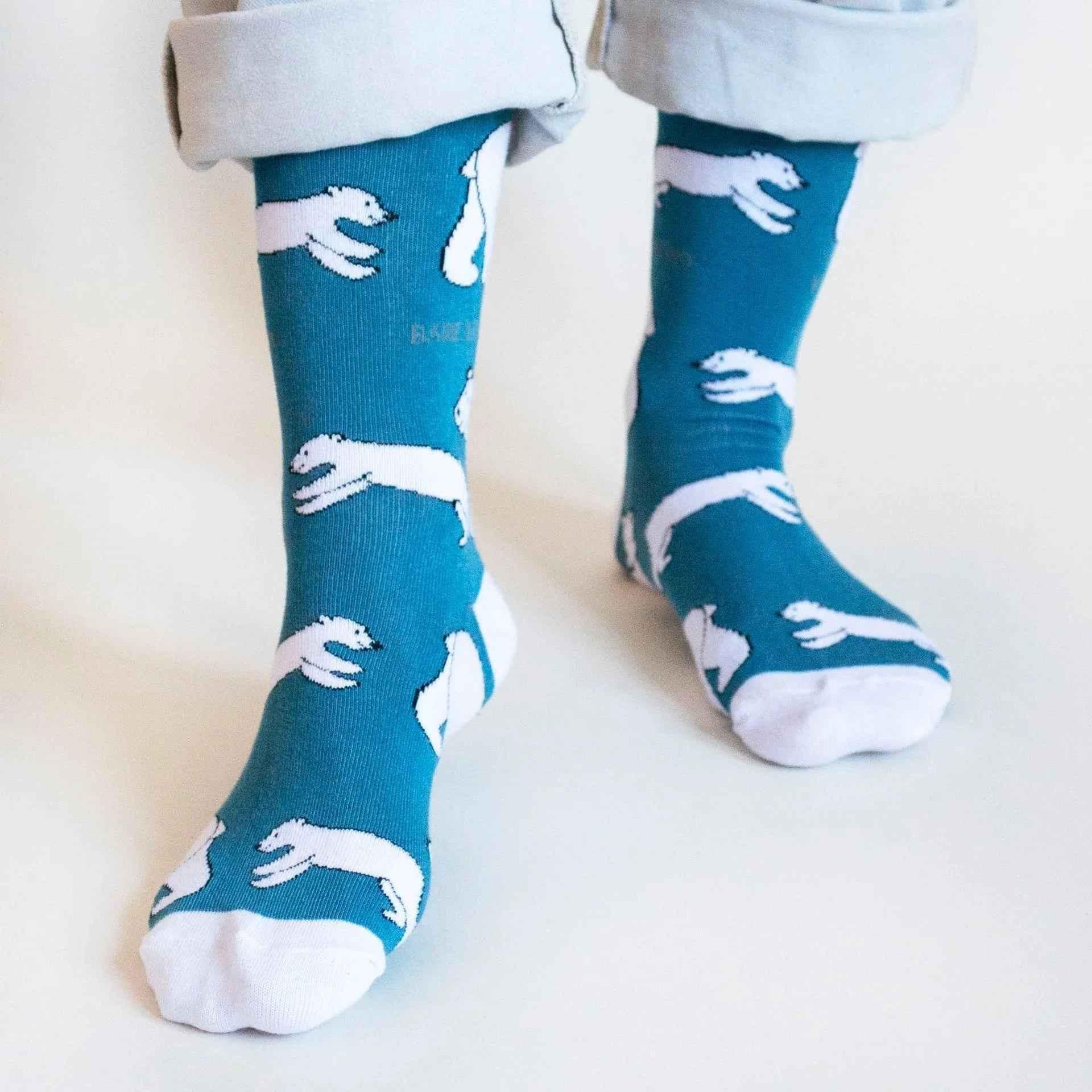 Barekind NZ bamboo socks featuring polar bear design, eco-friendly adult socks for comfortable, sustainable everyday wear.